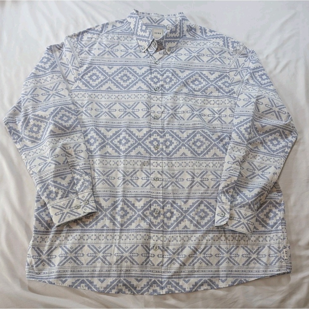 ROWM Blue Print Button Up Long Sleeve Cotton Shirt Mens 2XT Southwest Blue Print